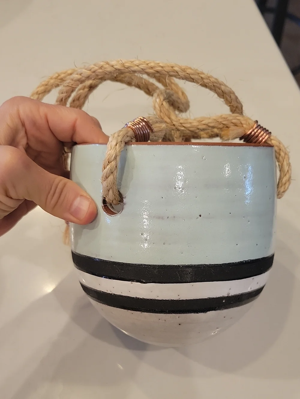 Made In Portugal  Light Blue Ceramic Hanging Vase with Black Stripe Accent